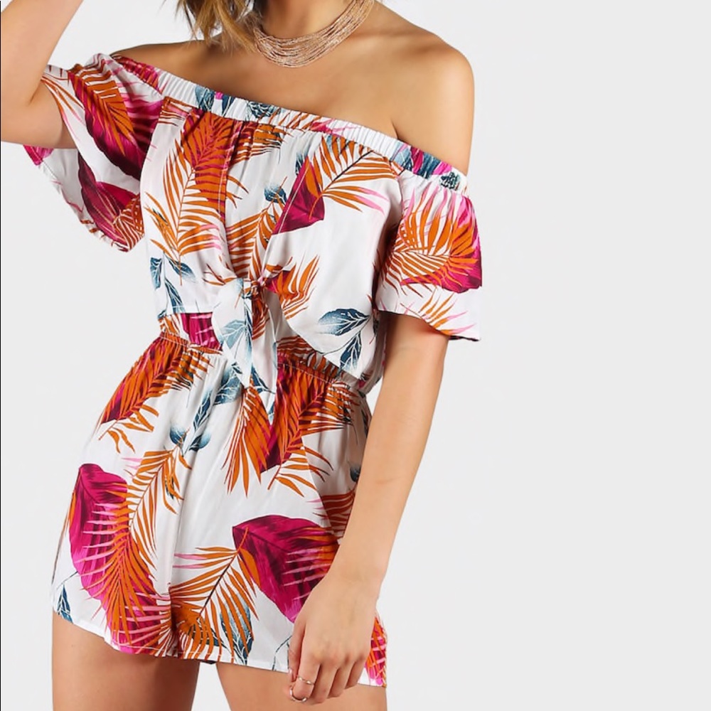 Cute palm leaf off shoulder romper